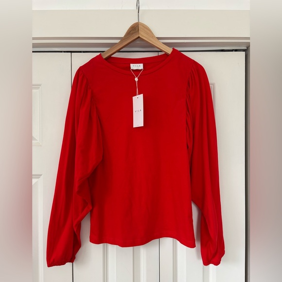 VILA Bright Red Long-Sleeve Puff Sleeve Tee - Picture 2 of 7